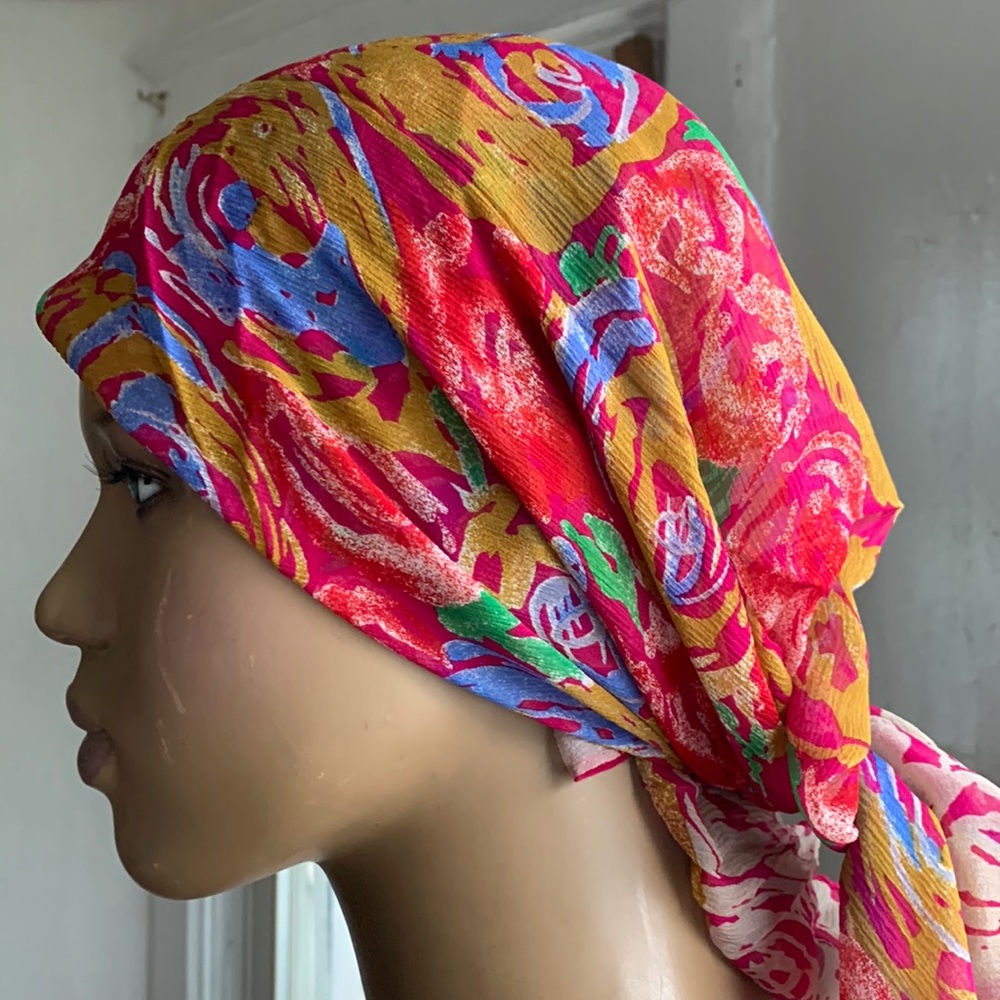 Vintage Perry Ellis Rose Swirl Sheer Silk Crepe Scarf